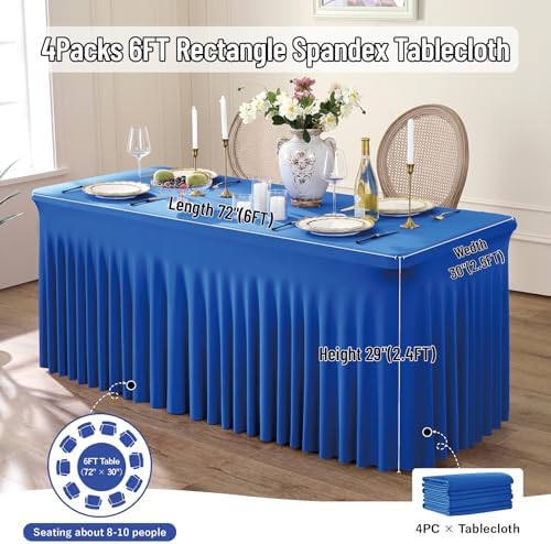 Leegleri 4 Pack Royal Blue Spandex Table Clothes for 6ft Rectangle Tables, Wrinkle Free Fitted Tablecloths for Parties, Weddings, Banquets, Baby Showers - Image 3