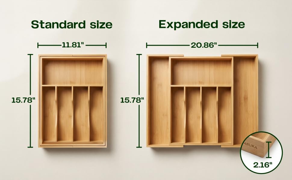 Expandable Bamboo Silverware Drawer Organizer, Utensil Holder Tray | 6 Compartments, 3 Movable Dividers, Fits 11.9-20.8 in Wide, Non-Slip Base, Cutlery & Flatware Caddy for Kitchen, Bath, Office - Image 2