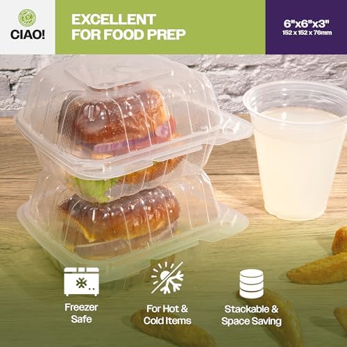 CIAO! 6"x6"x3" 1 Compartment PP Plastic Clear Hinged Container for Take Out (Case of 300) - Image 6
