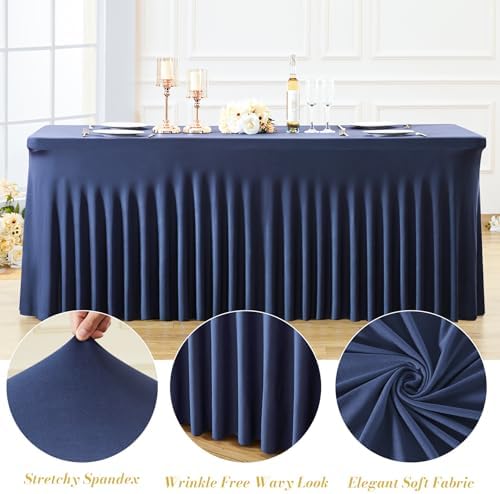 Besutolife 6 Pack Navy Blue Spandex Tablecloth for 8ft Rectangle Tables Fitted Table Cloth Stretch Table Covers Skirt 8ft Rectangular Tablecloths for Banquet Parties Wedding Decorations - Image 5