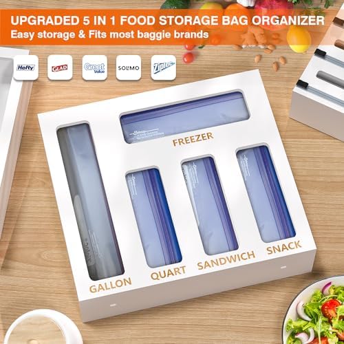 DALSHABET 9 IN1 Bamboo Storage Bag Drawer Organizer with Cutter, Foil and Plastic Wrap Dispenser for Kitchen Storage Compatible with All Brands Gallon, Quart, Sandwich & Snack Size Bags - White - Image 4