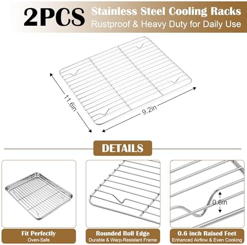 E-far Baking Sheet with Wire Rack (2 Pans + 2 Racks), Stainless Steel Cookie Sheets Pan & Cooling Rack for Baking Cookies Cake, Non Toxic & Heavy Duty, Oven & Dishwasher Safe, 12.4 x 9.7 x 1 Inch - Image 3