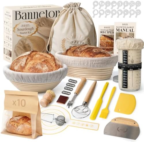 BAVIFY Sourdough Starter Kit, Banneton Bread Proofing Baskets Set | Complete Sourdough Bread Baking Supplies, Beginner Friendly, 9 in Round and 10 in Oval Rattan Banneton & 24 oz Starter Jar by BavifyBaking