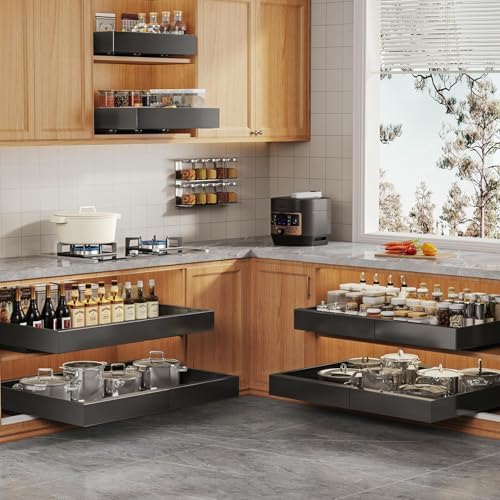 Seinloes 4 Pack Expandable (15.1"-26.3") Pull Out Cabinet Organizer 21" Deep With Raising Pad for Framed Cabinets,Upgrade 3 Slide Rails Slide Out Drawers,No Drill Roll Out Shelves Adhesive,Black - Image 7