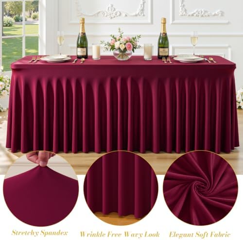 6 Pack Burgundy Table Cloth for 6 Foot Rectangle Tables Spandex Fitted Tablecloth 6ft Stretch Table Covers Skirt Burgundy Banquet Tablecloths Wrinkle Free Tablecloth for Party Wedding Birthday Event - Image 5