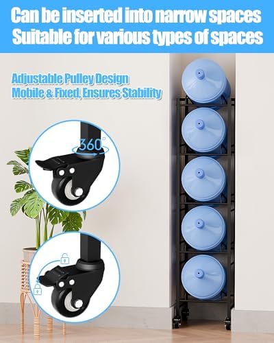 5 Gallon Water Jug Holder, Movable 5 Tier Heavy Duty Water Rack with 4 Wheels, Rack for Water Jug Storage, Space Saving Water Stand for Five 5 Gallon Water Jugs, Black - Image 6