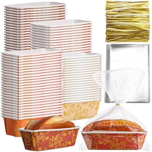 Vesici 100 Sets Fall Paper Loaf Pans Mini Disposable Baking Pans | 6.3 x 2.2 x 2.2 Inch, Cake Pan Liners, with Clear Plastic Bags and Ties, Autumn Rectangle Bread Mold for Bakery by Vesici