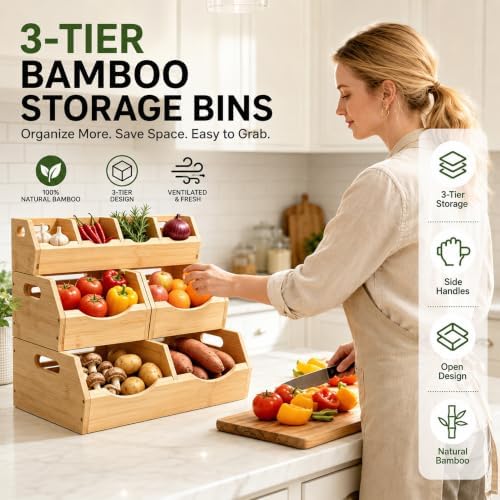 3 Tier Bamboo Pantry Storage Bins, Stackable Onion and Potato Storage Bins - Image 2