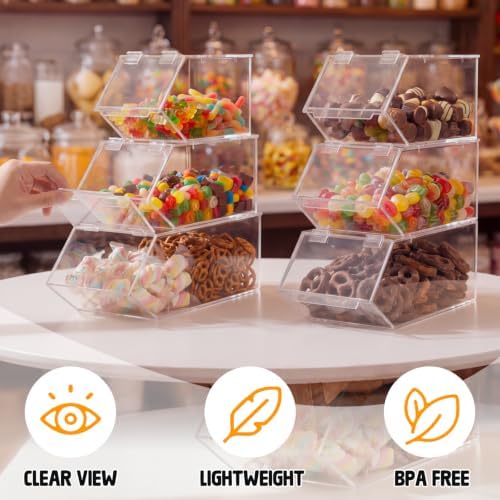 2 Sets/6 Pcs Stackable Candy Bins with Hinged Lid Small Medium Large Clear Acrylic Storage Bins Stackable Pantry Storage Caddy for Cereal Nuts Candies Snack Ice Cream Toppings, Wrapped Snacks - Image 4