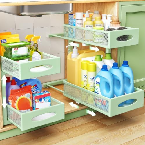 2 Pack Under Sink Organizer, 2 Tier Pull out Cabinet Organizer Mesh Baskets with 5 Adjustable Heights, Sliding Drawers Storage Shelf for Home, Kitchen, Bathroom, Pantry, Office, Countertop ,Green by Kitstorack