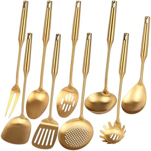 Gold Kitchen Utensils Set - 15" All Metal Cooking Tools Set of 9 | 18/10 Stainless Steel Cooking Utensils - Fork, Solid/Slotted Spoon, Spatula, Ladle, Skimmer, Turner, Pasta Spoon, Large Spoon by Standcn