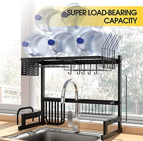 KINGRACK Over The Sink Dish Drying Rack, 2-Tier Dish Rack, Dish Drainer with Utensil Holder&Hooks, Kitchen Storage Organizer for Plates Bowls Pots, Black, for Sink Size < 24.8'' - Image 3