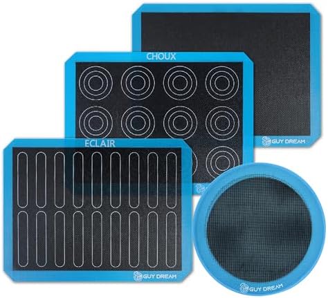 GUYDREMAT Perforated Silicone Baking Mat Set, 4 Pack with Choux, Eclair, Blank and 10-Inch Round Mats, Non-Stick Reusable Baking Sheets for Bread, Pastry, Cookies and Pizza by GUYDREAM