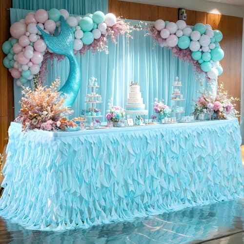 Partisky Aqua Blue Tulle Curly Willow Table Skirt for Rectangle Table 6ft, Ruffle Tutu Table Cloth for Boys Baby Shower,Birthday Party Candy Cake Tables - Image 2