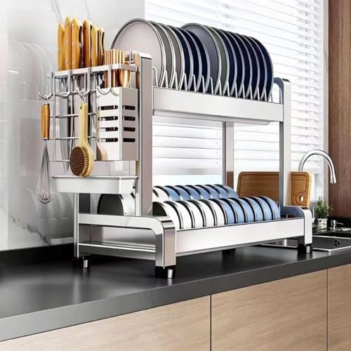 Large Dish Drying Rack Over Sink, Free-Standing Stainless Steel No Installation 2 Tier Organizer with Thick Columns, Nordic Style Storage Shelf by Unknown