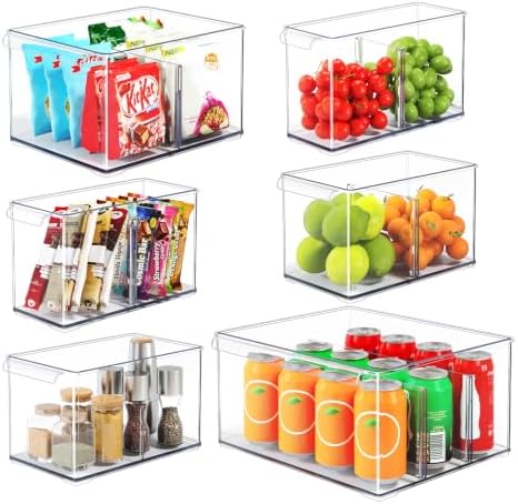 6 Pack Pantry Storage Bins with Divider, Fridge Organizer Large by HOMETUK