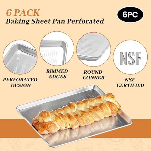 6 Pack Perforated Full Size Aluminum Baking Sheet Pans, 26"x18" | NSF, commercial cookie sheets, rolled rim baking pan, for roasting, freezer, bakery, oven safe up to 500℉ - Image 5