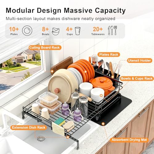 4-in-1 Expandable Dish Drying Rack, 12"-22" Over Sink Dish Drainer - Image 2