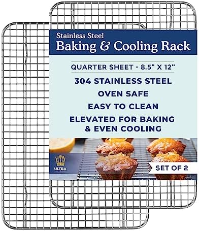 Ultra Cuisine Cooling & Baking Rack Set - 8.5'' x 12'' - Set of 2 | 100% Stainless Steel, Oven-Safe, Dishwasher-Safe, Heavy Duty Tight-Wire, Set of 2, Quater Sheet Pan Cooling Racks, Easy Clean by UltraCuisine