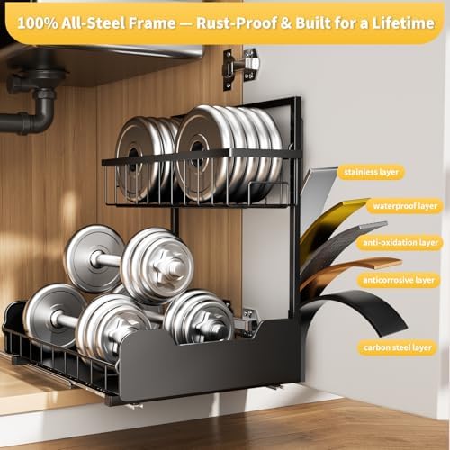 PureBox Under Sink Organizer, 2-Tier L-Shaped Pull Out Cabinet Shelf with 2 Installation Methods, Adjustable Sliding Storage Drawer for Kitchen, Bathroom, Laundry, Metal, Black, 2-Pack - Image 6