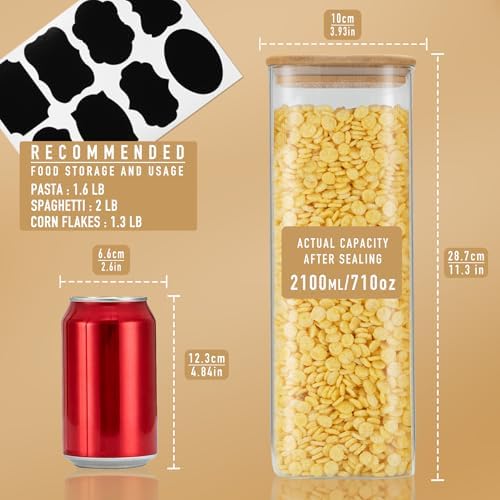 D2scrma 71oz Glass Square Storage Containers with Bamboo Lids Set of 3 (2100ml) Tall Food Storage Canisters Kitchen Jars for Pantry Organization Pasta, Penne, Macaroni, Lasagna, Fusilli - Image 2