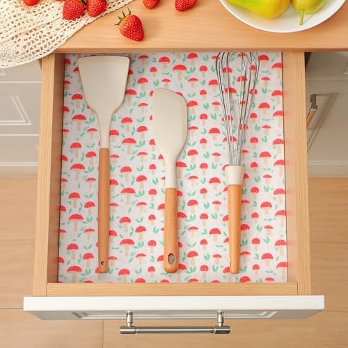 Cooyes 6 Pack Cloth Shelf Liners for Kitchen Cabinets, 17.7" × 36", Non-Slip Refrigerator Liners Machine Washable, Freezer Drawer Mats for Glass Shelves and Kitchen Cabinets, (Red Mushroom) - Image 4