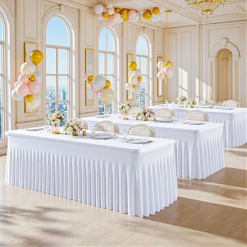 2 Pack 8ft White Spandex Tablecloths for Rectangle Tables Wrinkle Free White Rectangle Table Cloth Stretch Fitted 8 foot Table Cover with Skirt for Wedding Birthday Party Banquet Baby Shower Buffet - Image 3