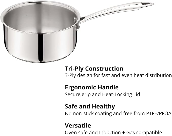 1.5 Quart Stainless Steel Saucepan with Lid, Tri-Ply Clad, No Coating PTFE & PFOA Free, Induction Compatible, Oven Safe to 500°F, Dishwasher Safe - Image 3