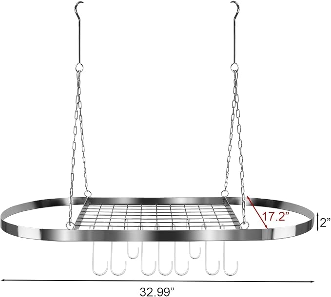 Sorbus Hanging Pot Rack, Ceiling-Mount Kitchen Organizer (Chrome) | Decorative oval fixture with hooks arranges cookware, utensils and books for practical overhead use in homes or restaurants. - Image 4