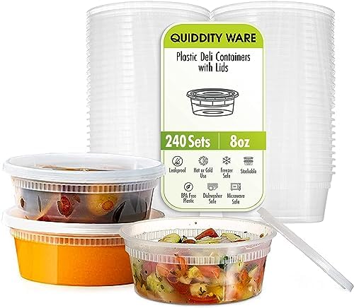 Deli Containers with Lids Leakproof - 240 Pack BPA-Free Plastic Microwaveable Clear Food Storage Container Premium Heavy-Duty Quality, Freezer & Dishwasher Safe (8oz 240 Sets) by QUIDDITY+WARE