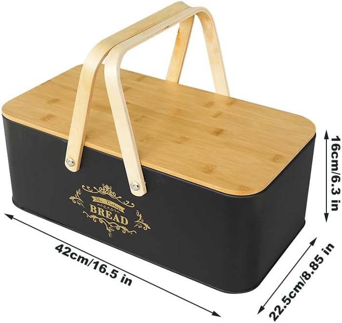 Large Bread Box Metal Bread Bin with Bamboo Lid and Handle Portable Outdoor Bread Food Storage Container Modern Bread Box for kitchen Counter Organizer Kitchen Decor (Black 1) - Image 5