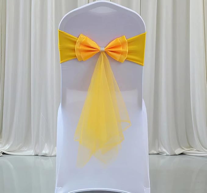 12Pcs Stretch Satin Chair Sashes Bows Chair Bands Decor for Hotel Wedding Reception Party Event Chair Cover Decoration Gold by SXXLDNG