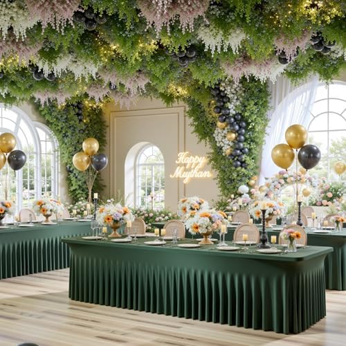 2 Pack Hunter Green Spandex Table Clothes for 8 Foot Rectangle Tables, Wrinkle Free Fitted Table Cover 8ft Green Stretchy Tablecloths with Skirt for Parties Weddings Birthday Banquet Baby Shower - Image 4