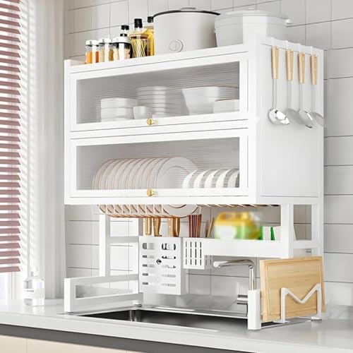 Large 2-Tier Metal Over Sink Dish Drying Rack with Flip-top Door Dish Organizer Rack with Removable Cutlery Basket and Drip Tray for Plates Bowl Sink(White,85CM/33.5IN) by Hltdzer