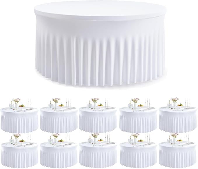 leegleri 10 Pack Spandex White Round Tablecloths for 72in Tables, Stretchy 132inch Fitted 6FT Cloths, Wrinkle Free Cover with Skirt for Wedding Birthday Party Bridal Shower Banquet by LeegleriTableSkirt