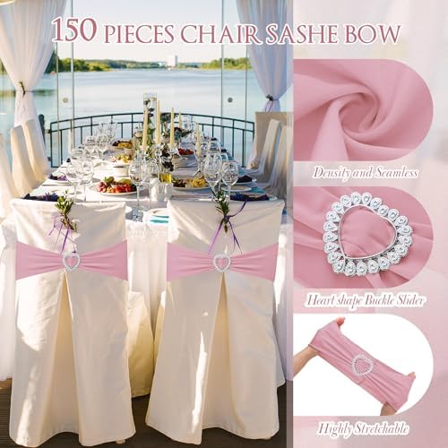 Colingmill 150 Pcs Spandex Chair Sashes Heart Buckle Elastic,Dusty Pink - Image 3