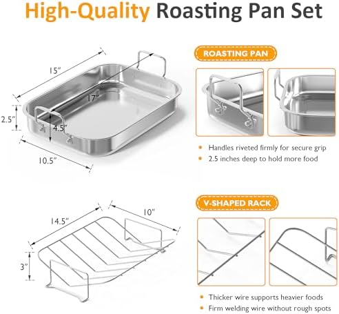 Sunvivi 15.6'' Roasting Pan with V-Shaped Rack, Rectangular Lasagna Pan with Handle, Non-Stick Stainless Steal Roaster for Turkey, Chicken, Vegetable, Lasagna, Heavy Duty & Dishwasher Safe - Image 5