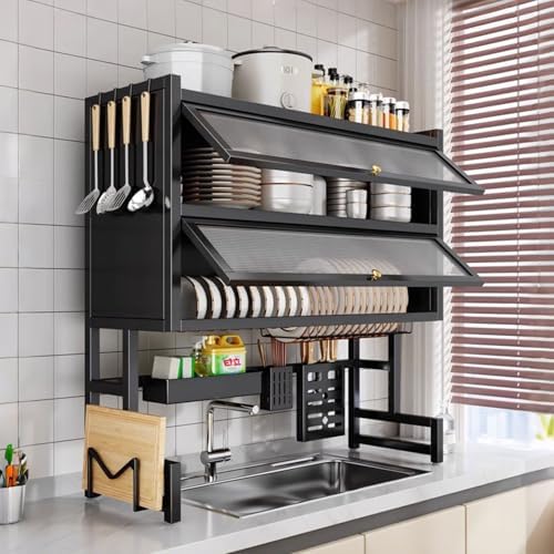 Over Sink Dish Drying Rack 2 Tier Stainless Steel Dish Drainer with Cover and Utensil Holders Large Capacity Space Saving Kitchen Organizer by SofaHillsBrandflagship