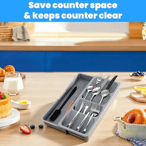 2 Pcs Silverware Drawer Organizer with Expandable Tray for Kitchen Drawer, Adjustable Compact Plastic Kitchen Utensil Storage for Spoons Forks Knives Easy to Access & Save Space - Image 6