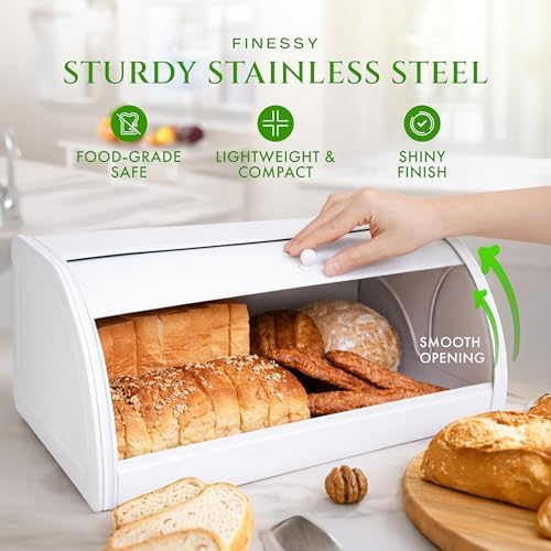 FINESSY Large Bread Box Roll Top, White Metal Bread Box For Kitchen Counter | Bread Box For Homemade Bread, Holds Two Loaves, Bagels & Muffins. White Metal Bread Box With Roll Top Lid 17.3 × 10.4 × 6.8 - Image 6