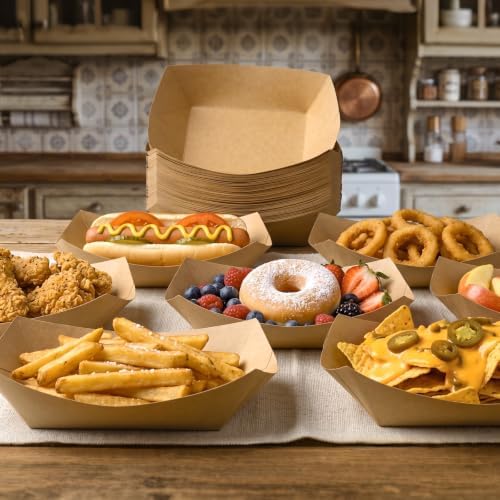 Artcochan 100 Pack 3lb Paper Food Trays,Heavy Duty Disposable Food Boats, Greaseproof Kraft Paper Trays for Nachos Hot Dogs Tacos Fries Snacks Party Carnival - Image 4
