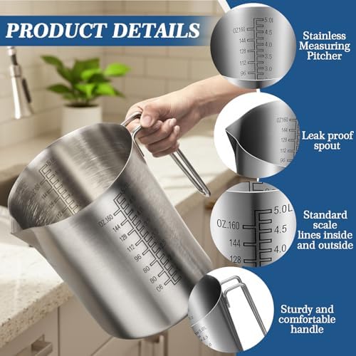 5L Stainless Steel Measuring Pitcher, 169oz Food Grade 304 Metal Measuring Cup with Handle and Dual-sided Scale, Large Capacity Stovetop-safe Container for Baking, Brewing, Cooking, Restaurants - Image 2