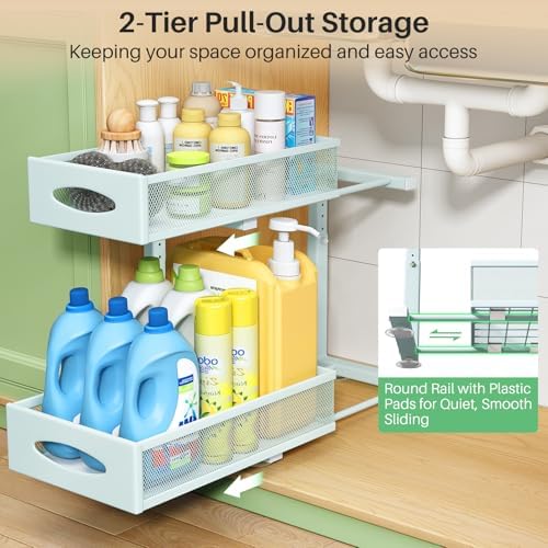Under Sink Organizer, 2 Tier Pull out Cabinet Organizer Baskets with Mesh Sliding Drawers, Slide out Storage Shelf for Home, Kitchen, Bathroom, Pantry, Office Cabinet(1 Pack, Blue) - Image 3