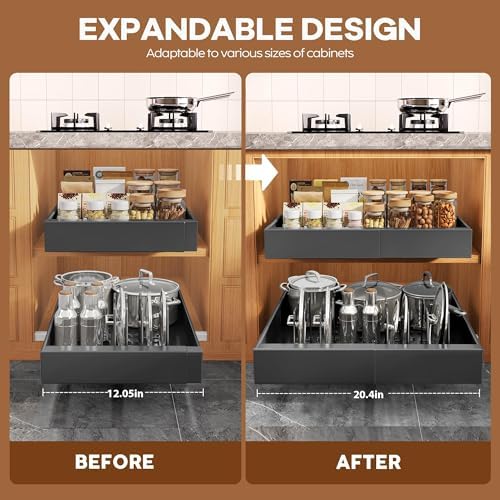 Seinloes 4 Pack Expandable Pull Out Cabinet Organizer 21"Deep With Raising Pad for Framed Cabinets,Slide Out Drawers With 4pcs Divider Racks,No Drill Roll Out Shelf,Adjustable Width 12.05"-20.4"Black - Image 3