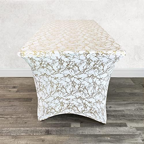 YOUR CHAIR COVERS 8 ft Spandex Rectangular Table Cover, White/Gold Marbling - Image 4