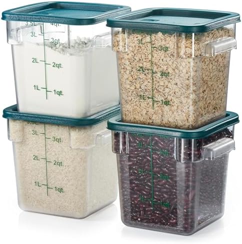CURTA 4 Pack Food Storage Container with Green Lid - NSF Commercial Grade in 4.0 Qt - Square, Clear, Polycarbonate by CURTA