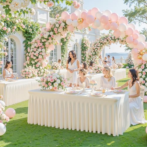 Besutolife 4 Pack Ivory Spandex Tablecloth for 8ft Rectangle Tables Fitted Table Cloth Stretch Table Covers Skirt 8ft Rectangular Tablecloths for Banquet Parties Wedding Decorations - Image 5
