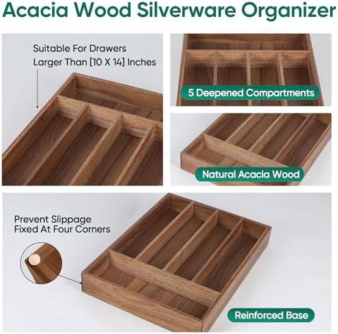 Acacia Wood Silverware Drawer Organizer, 5-Compartment Cutlery Tray - Image 3