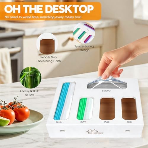 Bamboo Ziplock Bag Storage Organizer for Drawer -White, 5 in 1 Baggie Organizer with 24 Labels - Fits Gallon, Quart, Sandwich & Snack Bags - Wall Mountable Kitchen Drawer Organizer, 3in - Image 7