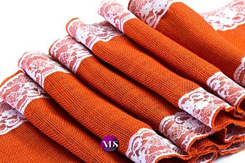 VDS Pack of 20, Burlap Table Runner with White Lace Edge, 100% Natural Jute Rustic Hessian Table Cloth Centerpiece for Wedding Birthday Party Banquet Table Decoration (Size 12X108 Inch)(Orange) - Image 2